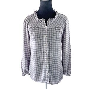 Talbots Womens XS Plaid Ruffle Neck Button Up Long Sleeve Shirt Rayon